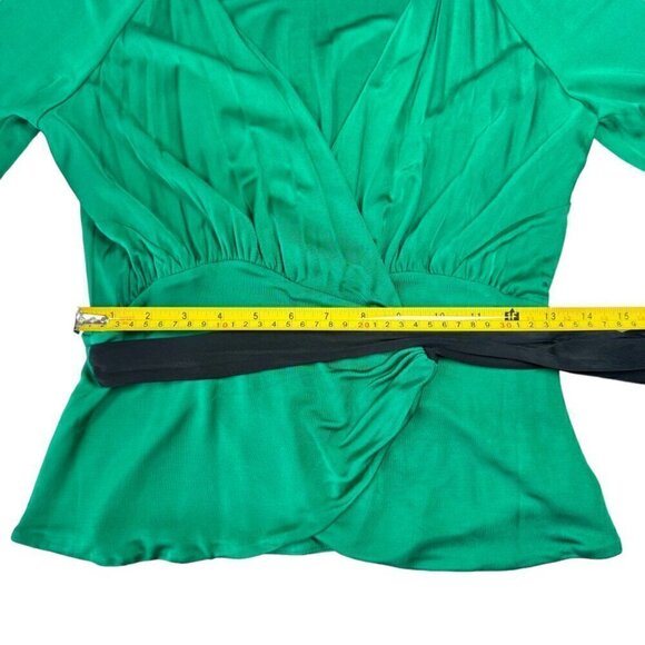Diane von Furstenberg  Wrap Top Sz.M Green Sash Black Belt Bow Long Sleeve - Picture 13 of 16
